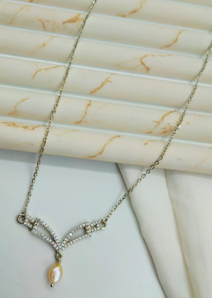 Art Deco Style Pave Chevron Pendant with Pearl Drop