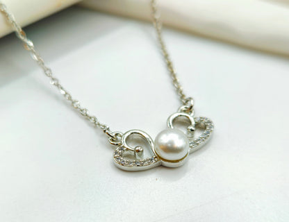 Romantic Silver Double Heart and Pearl Pendant