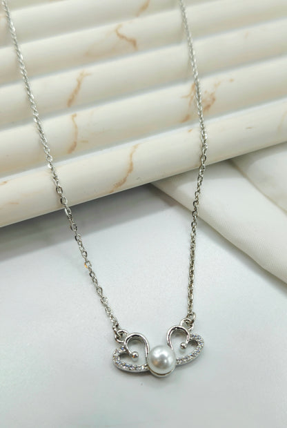 Romantic Silver Double Heart and Pearl Pendant