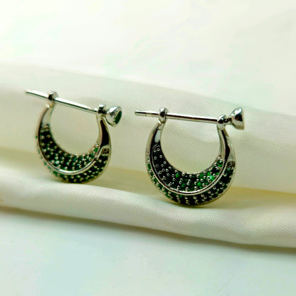 Silver Pave Green Gemstone Huggie Hoop Earrings