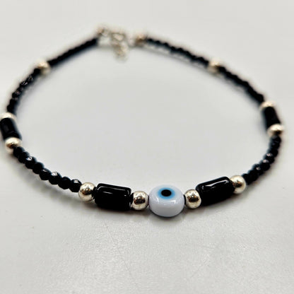 925 Sterling Silver Evil Eye & Black Bead Anklet for Women | Protective Jewelry