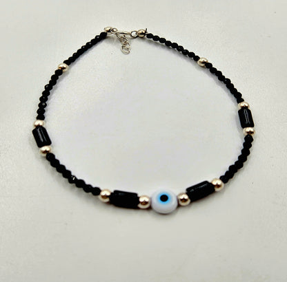 925 Sterling Silver Evil Eye & Black Bead Anklet for Women | Protective Jewelry
