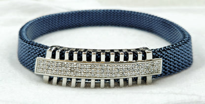 925 Sterling Silver Blue Luxe Grid Elastic Bracelet for Men | Party Wear