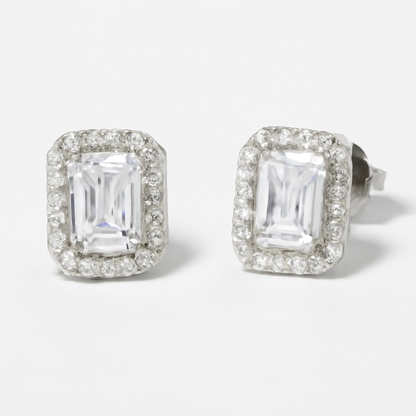 925 Sterling Silver Emerald-Cut Halo Stud Earrings for Women