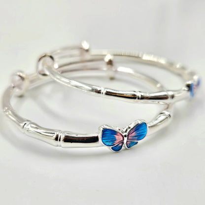 925 Sterling Silver Enamel Butterfly Bamboo Baby Bangles | Gift