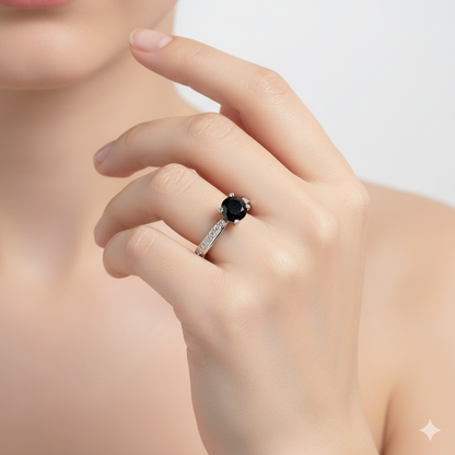Black Gemstone Solitaire Ring With A Pave Band