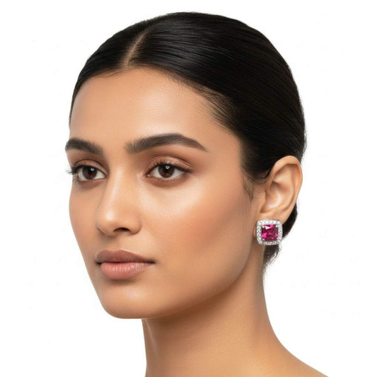 925 Sterling Silver Halo Ruby Stud Earrings for Women