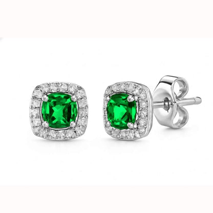 925 Sterling Silver Green Gemstone Cushion Halo Stud Earrings