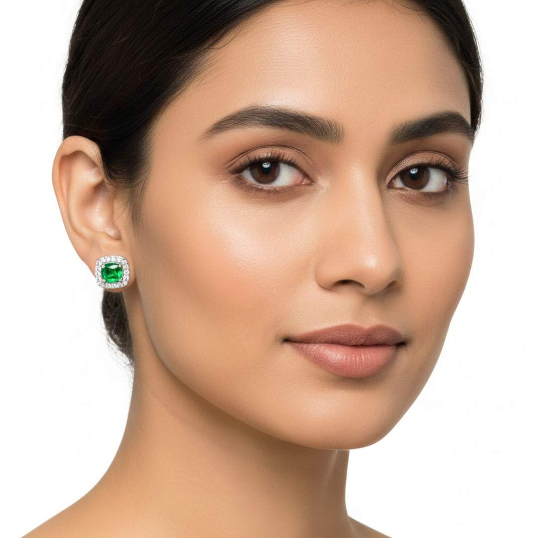 925 Sterling Silver Green Gemstone Cushion Halo Stud Earrings
