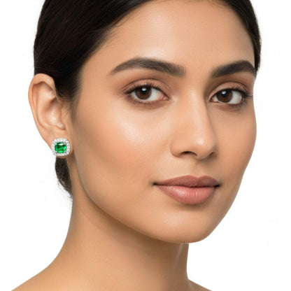 925 Sterling Silver Green Gemstone Cushion Halo Stud Earrings
