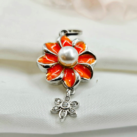 Orange Enamel Flower Pearl Charm Pendant