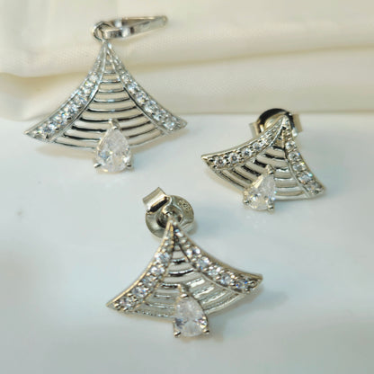 Silver Architectural Fan Pendant Set with Pavé and Teardrop Solitaire