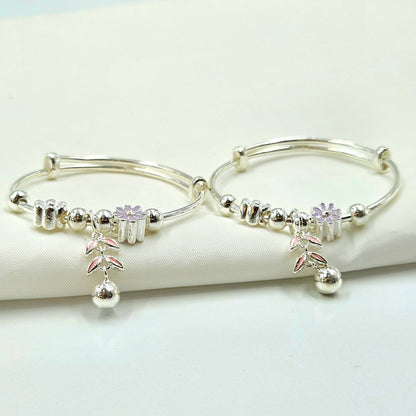 925 Sterling Silver Floral Charm Baby Bangles with Jingle | Gift