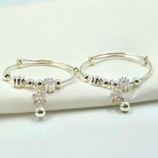 Silver Baby Bangles with Floral Charms and Jingle Bell
