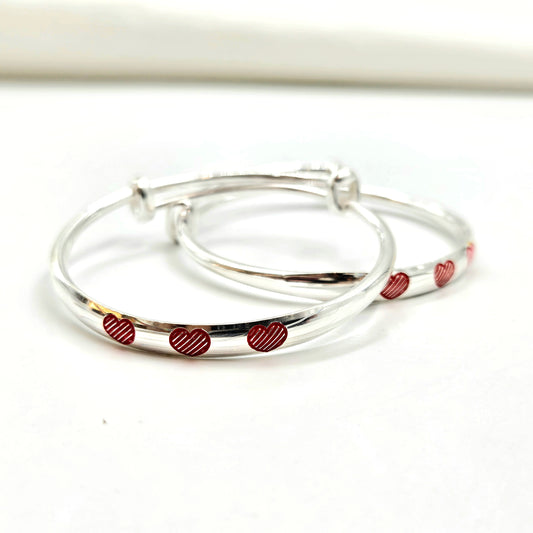 Silver Baby Bangles with Textured Red Enamel Hearts