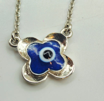 Silver Evil Eye Clover Flower Pendant