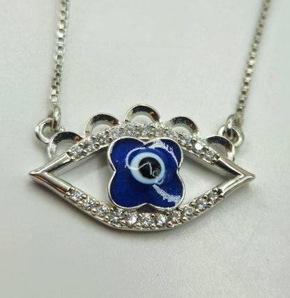 Silver Evil Eye Pendant with Enamel Flower