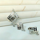 Silver Geometric Fretwork Pendant Set with Pave Solitaire Accent