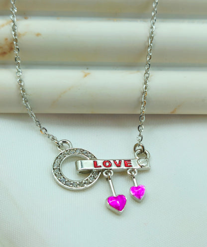 Silver "Love" Bar Pendant with Pave Circle and Heart Charms