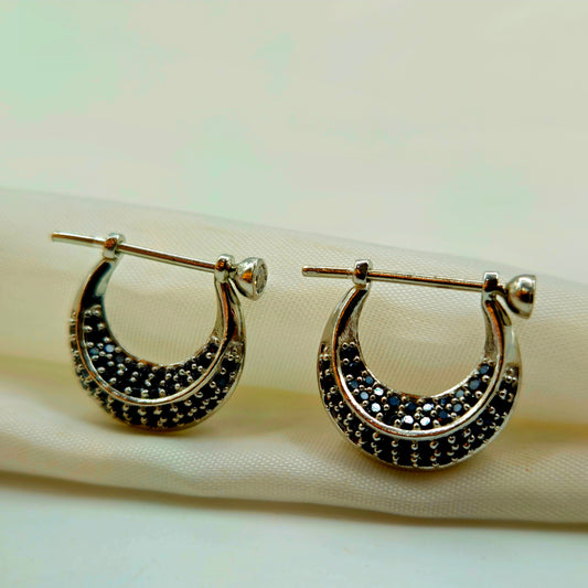 Silver Pave Black Spinel Huggie Hoop Earrings