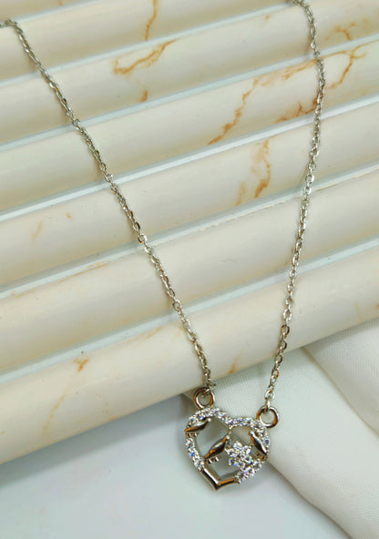 Silver Pave Heart Pendant with Love Birds