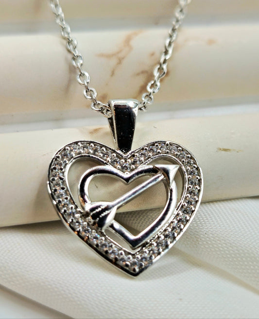 Silver Pave Heart with Arrow Pendant