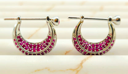 Silver Pave Ruby Huggie Hoop Earrings.