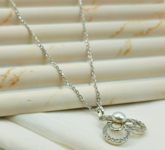 Silver Pearl and Pave Trefoil Pendant