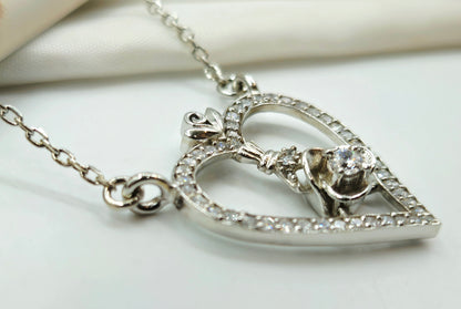 Silver Sideways Heart Pendant with Rose Solitaire
