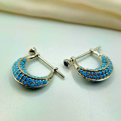 Silver Turquoise Pave Huggie Hoop Earrings.