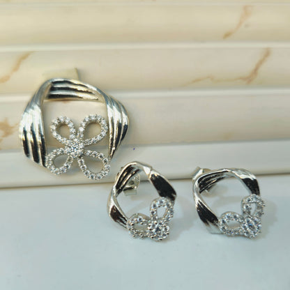 Silver Twisted Frame Pave Flower Pendant Set