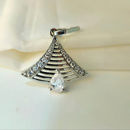 Silver Architectural Fan Pendant Set with Pavé and Teardrop Solitaire