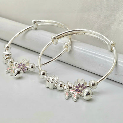 925 Sterling Silver Floral Charm Baby Bangles with Jingle | Gift