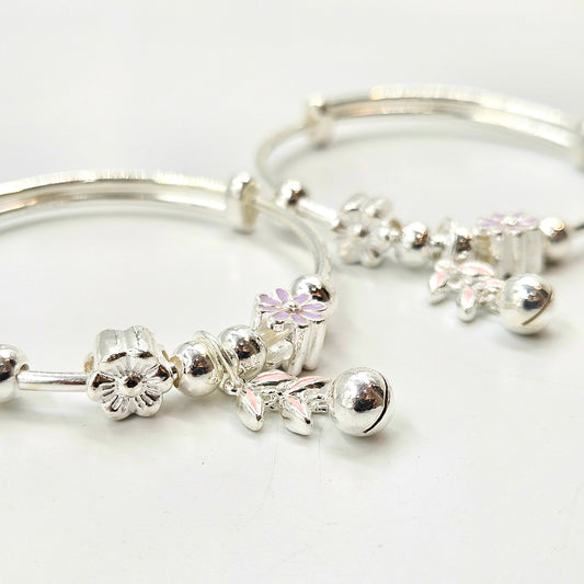 Silver Baby Bangles with Floral Charms and Jingle Bell