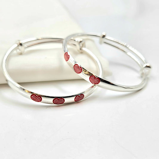 Silver Baby Bangles with Textured Red Enamel Hearts