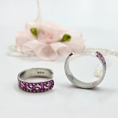 Silver Crescent Moon and Star Patterned Toe Ring