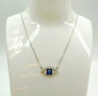 Silver Evil Eye Pendant with Enamel Flower