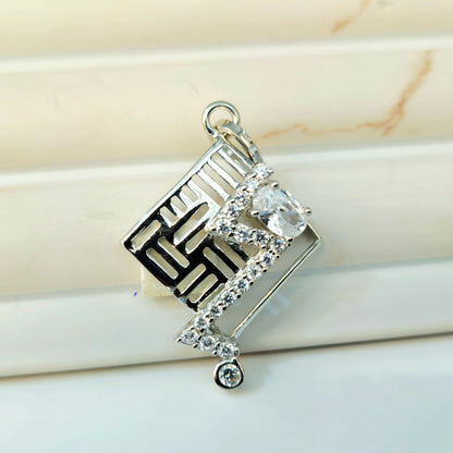 Silver Geometric Fretwork Pendant Set with Pave Solitaire Accent