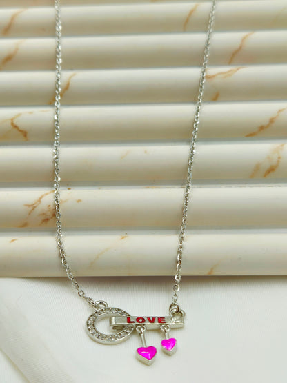 Silver "Love" Bar Pendant with Pave Circle and Heart Charms