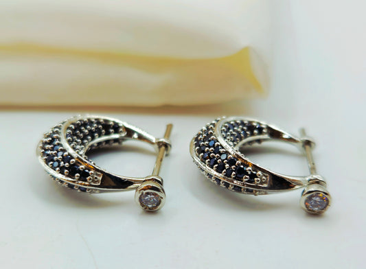 Silver Pave Black Spinel Huggie Hoop Earrings