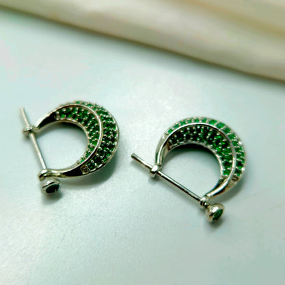 Silver Pave Green Gemstone Huggie Hoop Earrings