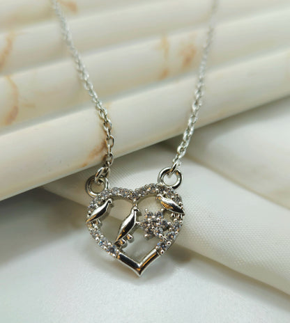Silver Pave Heart Pendant with Love Birds