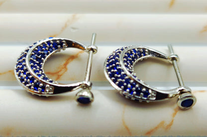 Silver Pave Sapphire Huggie Hoop Earrings