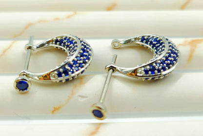 Silver Pave Sapphire Huggie Hoop Earrings