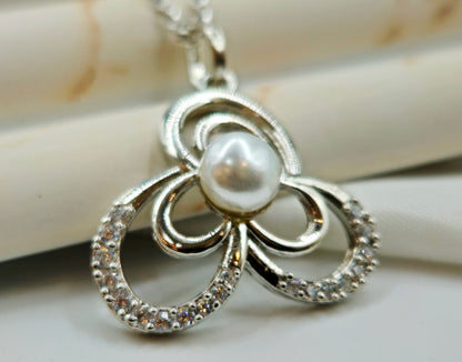 Silver Pearl and Pave Trefoil Pendant