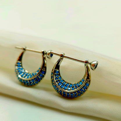 Silver Turquoise Pave Huggie Hoop Earrings.