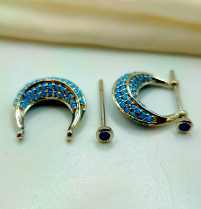 Silver Turquoise Pave Huggie Hoop Earrings.