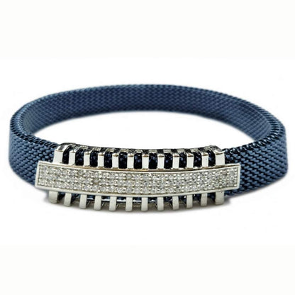 925 Sterling Silver Blue Grid Elastic Bracelet for Men