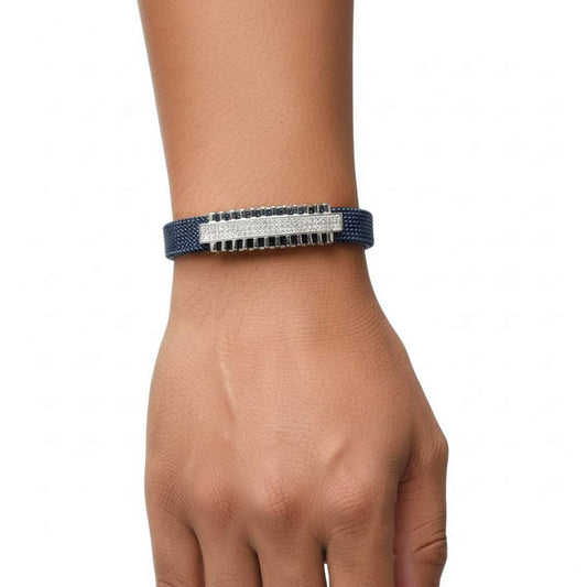 925 Sterling Silver Blue Grid Elastic Bracelet for Men