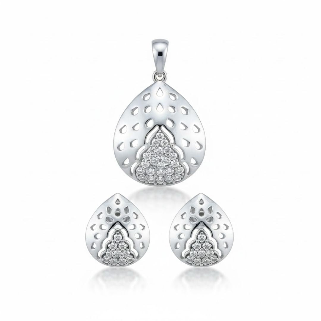 925 Sterling Silver Mixed-Finish Teardrop Pendant & Earrings Set Women